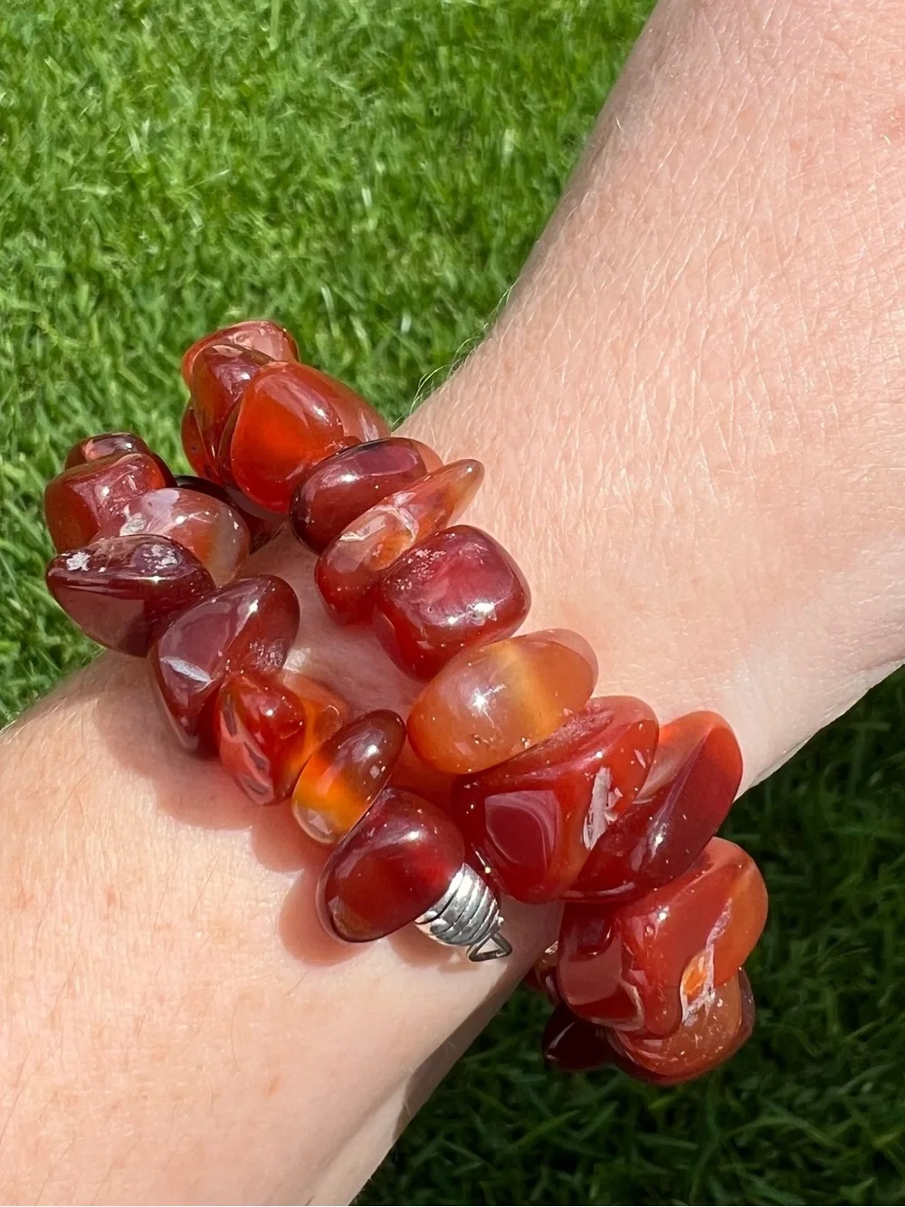 Polished Amber-colored memory wire Bracelet. Handmade red/orange Stone Jewelry.